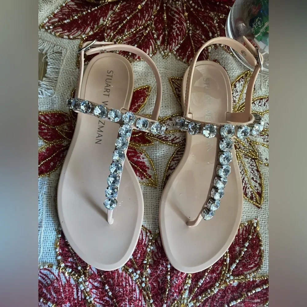 Stuart Weitzman Womens Goldie Jelly T-Strap Sandals Beige Slingback Beaded Sz 6